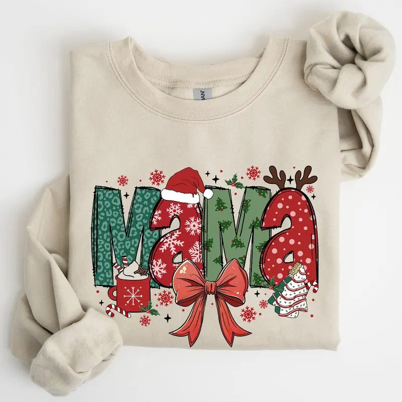 Mama, Christmas Fun, Reindeer, Hot Chocolate, Cake Sweatshirt, Crew Neck, Women's, Crewneck T-Shirts, Hoodie