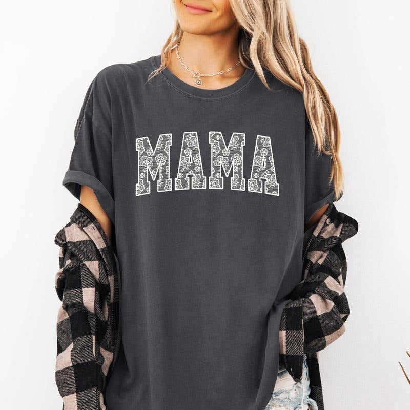 Mama, Faux Lace, Coquette, Varsity, Mother's Day Tshirt, Women's Comfort Colors Tee Hoodie Sweatshirt | PrintMintTees.com