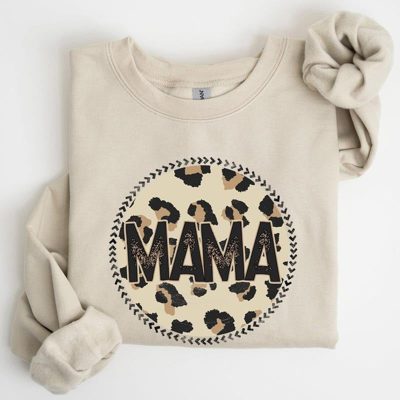 Mama, Leopard Print Circle, Western, Cowboy Sweatshirt, Crew Neck, Women's, Crewneck T-Shirts, Hoodie | PrintMintTees.com