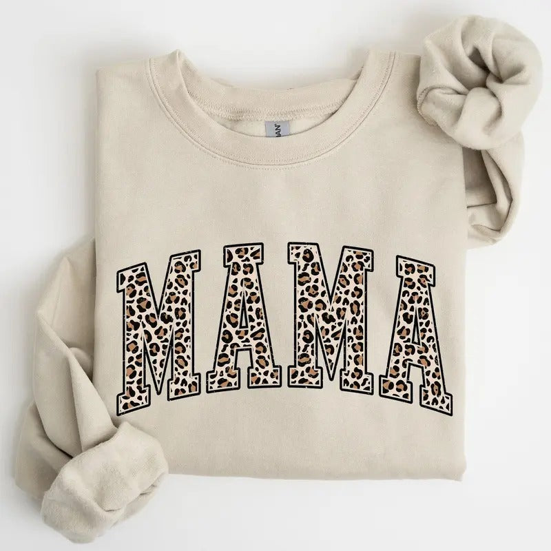 Mama, Leopard Print Sweatshirt, Crew Neck, Women's, Crewneck T-Shirts, Hoodie | PrintMintTees.com