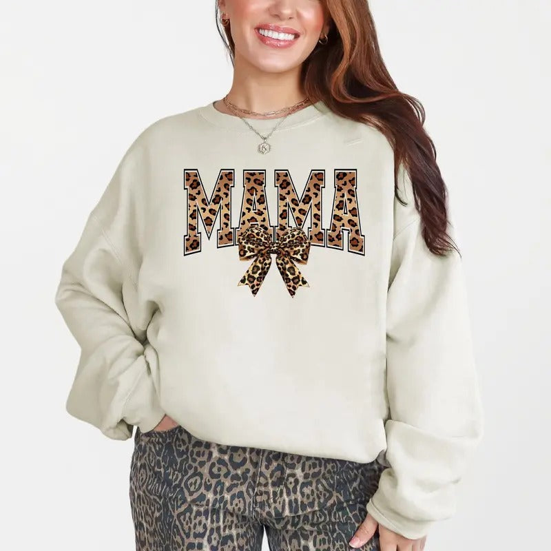 Mama Leopard Print Bow Ribbon Crew Neck T-Shirts, Hoodie, Sweatshirt