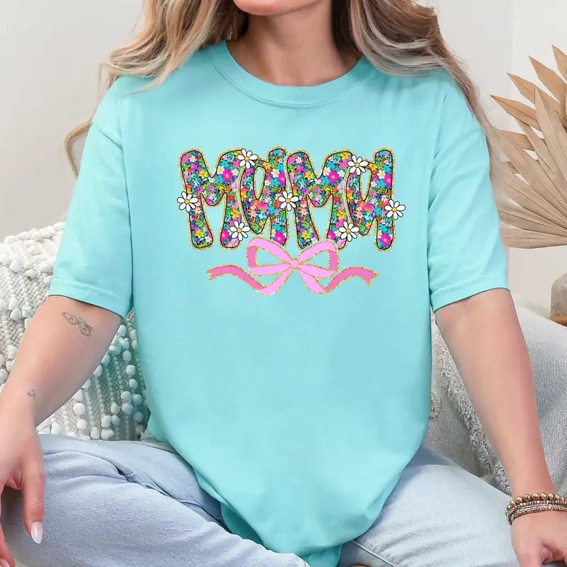 Mama Ribbon Bow Floral Flowers Bright Colorful Pastels Comfort Colors Shirt Hoodie Sweatshirt