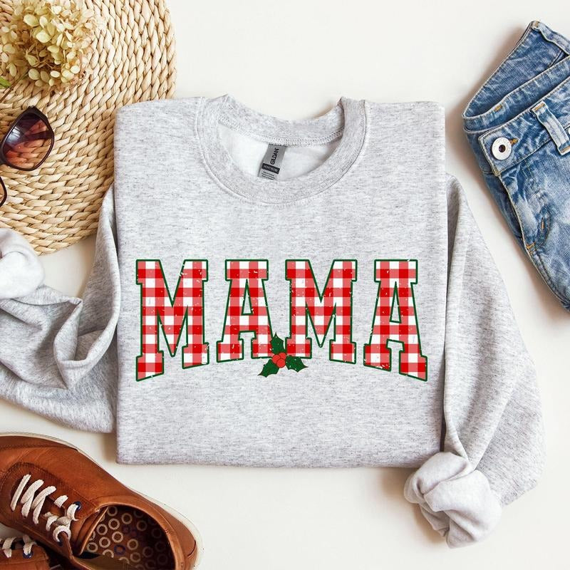 Mama, Red Checkered Christmas Plaid, Holly, Winter, Santa, Xmas Sweatshirt, Women's Crew Neck, Crewneck T-Shirts, Hoodie