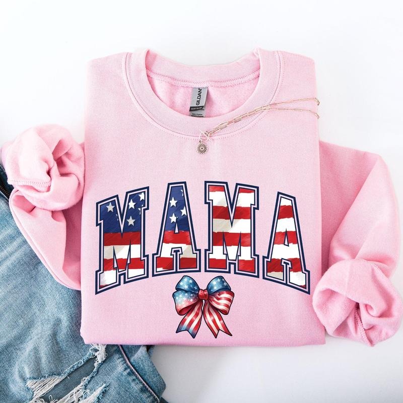 Mama, USA Flag, Patriotic, Varsity, Bow, Ribbon, America, 4th of July Sweatshirt, Crew Neck, Women's, Crewneck Shirt Hoodie