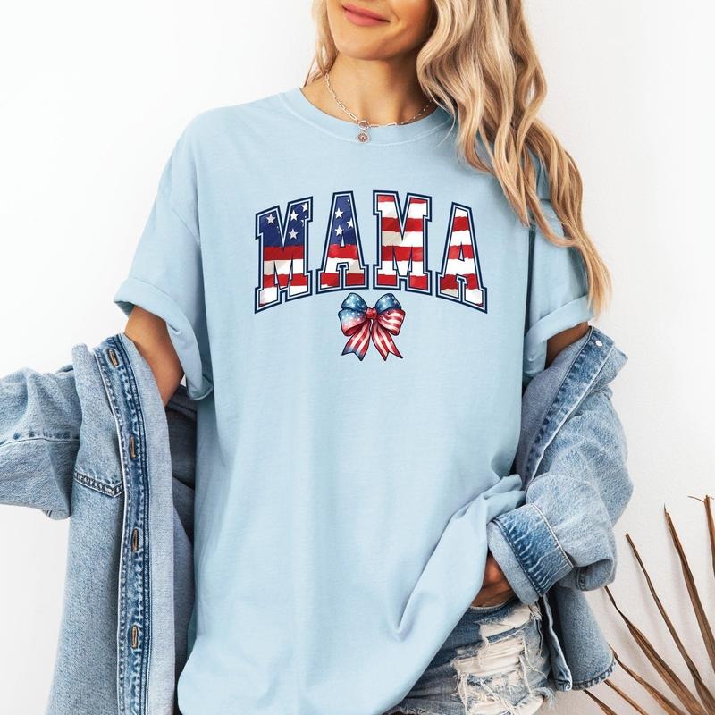 Mama, USA Flag, Patriotic, Varsity, Bow, Ribbon, America, 4th of July Tshirt, Women's Comfort Colors Tee Hoodie Sweatshirt