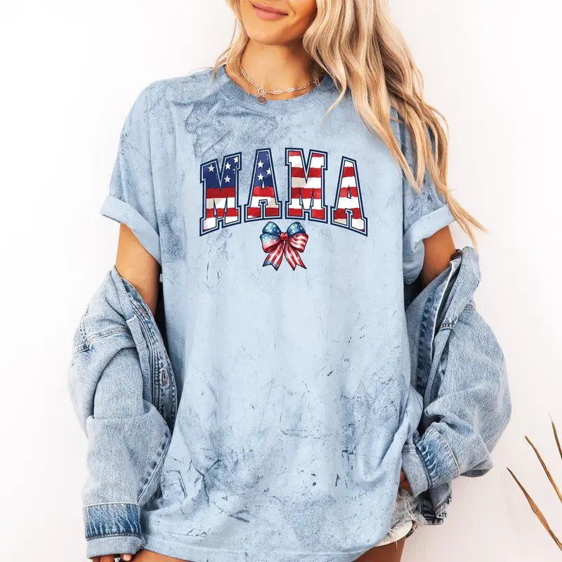 Mama USA Flag Patriotic Varsity Bow Ribbon America 4th July Color Blast Comfort Colors Comfort Colors T-Shirts, Hoodie, Sweatshirt