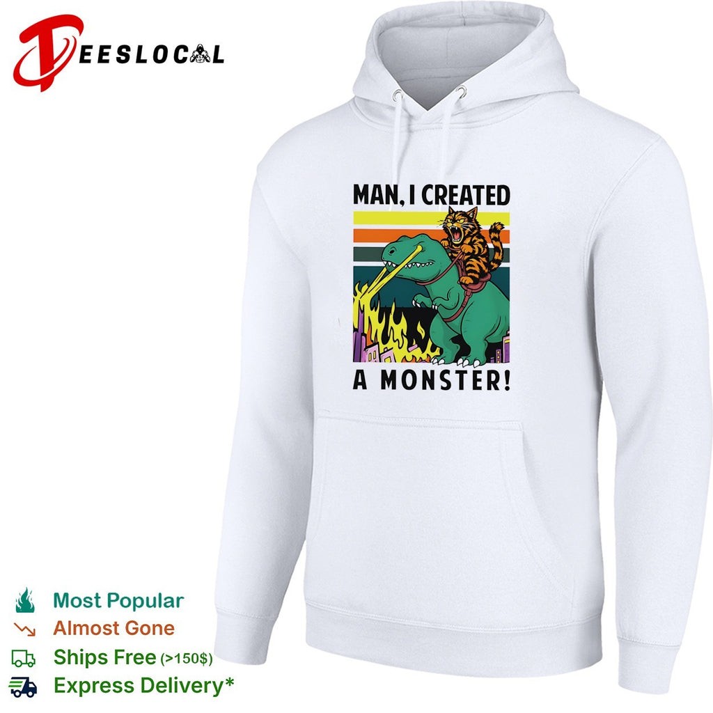 Man I created a monster cat riding dinosaur retro fire shirt