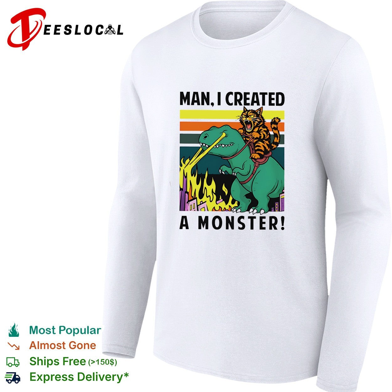 Man I created a monster cat riding dinosaur retro fire shirt