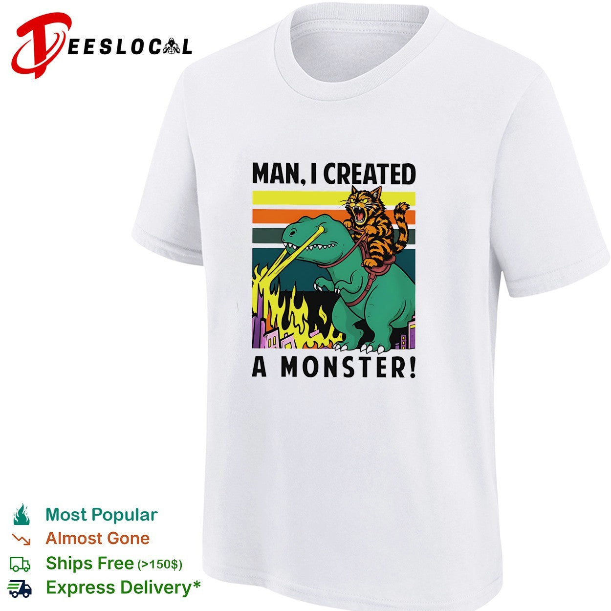 Man I created a monster cat riding dinosaur retro fire shirt