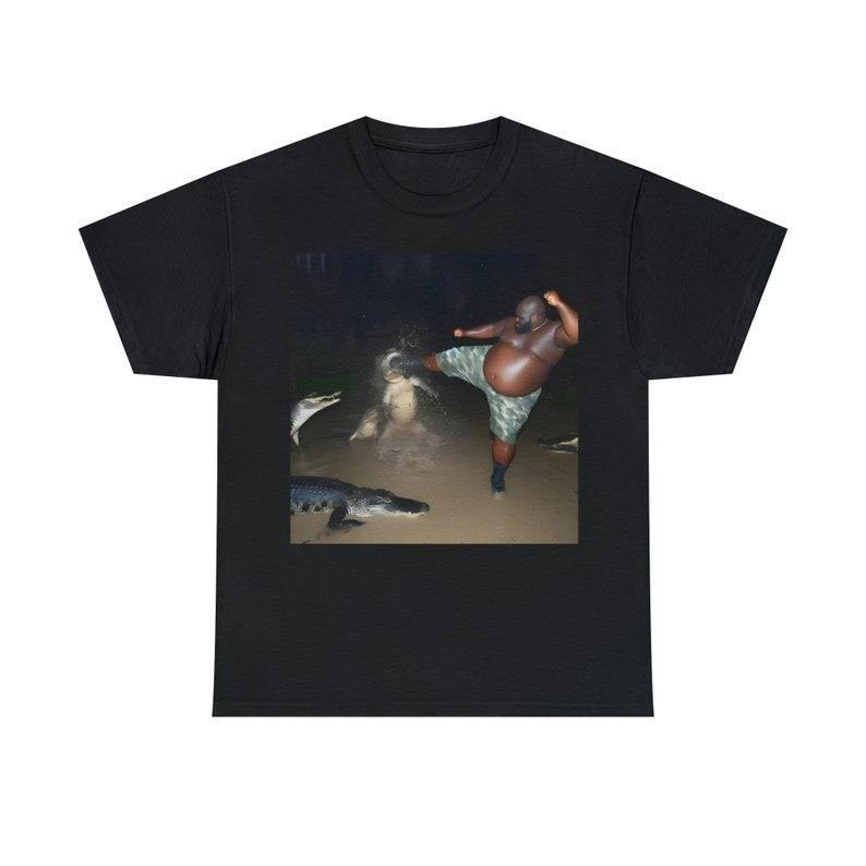 Man Kick Alligator In Swamp Shirt Funny Meme Shirt Menswear Top Hoodie Sweatshirt | PrintMintTees.com