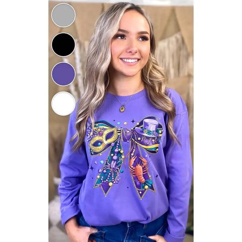 Mardi Gras Bow Graphic Long Sleeve T-Shirt Hoodie Sweatshirt | PrintMintTees.com