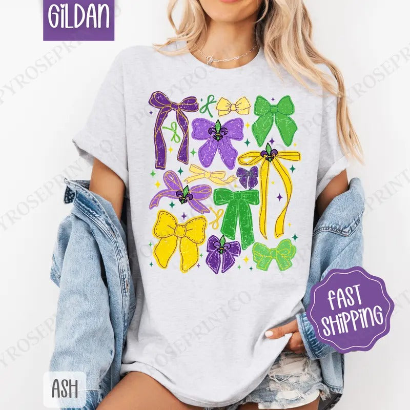 Mardi Gras Bows Shirt Gildan Coquette Mardi Gras Plus Sizes T-Shirts, Hoodie, Sweatshirt