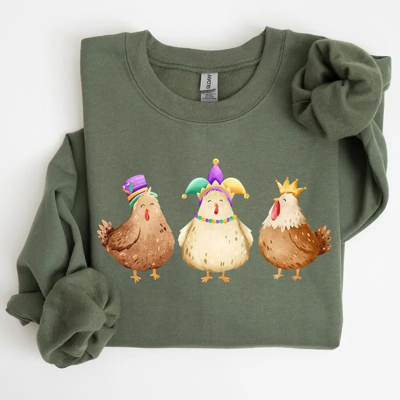 Mardi Gras Chickens, Farm, Carnival, Fleur de Lis, Fat Tuesday, Parade Sweatshirt, Crew Neck, Women's, Crewneck Shirt Hoodie