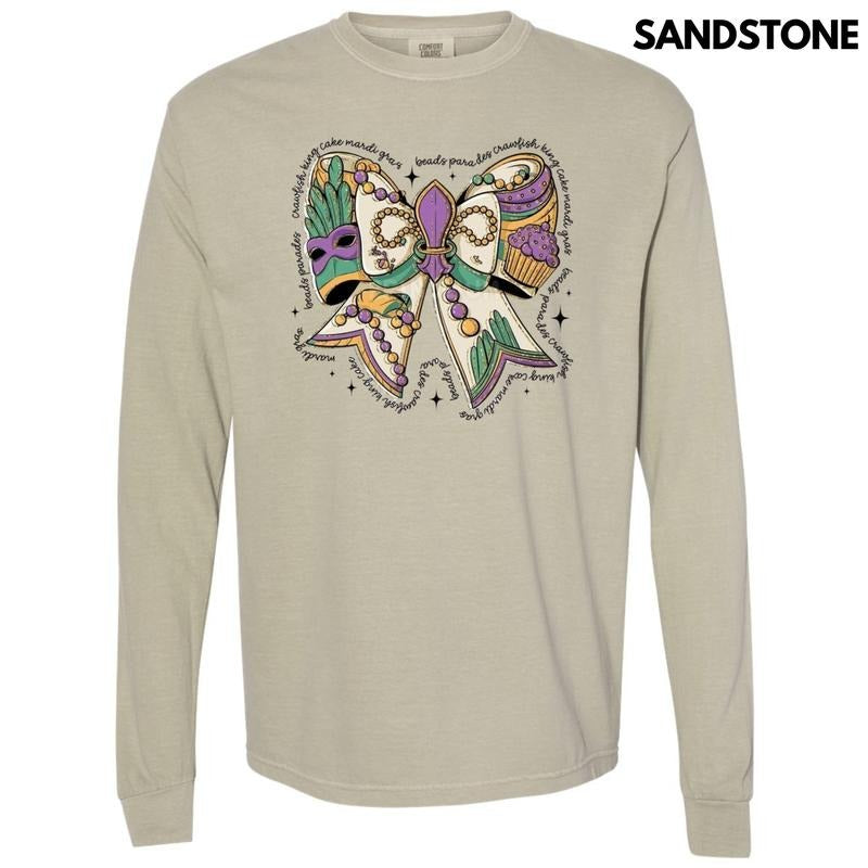 Mardi Gras Theme Bow Long Sleeve Comfort Colors T-Shirt Hoodie Sweatshirt | PrintMintTees.com
