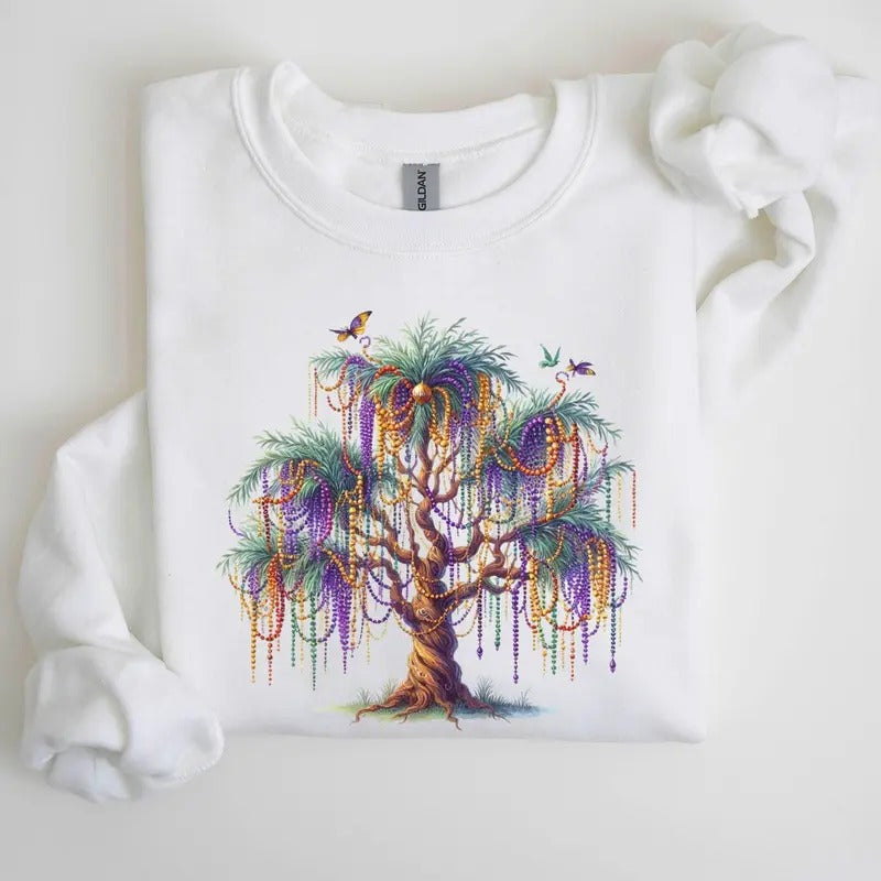 Mardi Gras Tree, Beads, Coquette, Carnival, Fleur de Lis, Fat Tuesday, Parade Sweatshirt, Crew Neck, Women's, Crewneck...