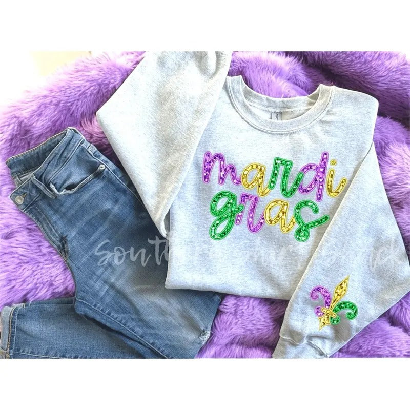 Mardi Gras fake Sequin Sweatshirt | ash gray Shirt Hoodie | PrintMintTees.com