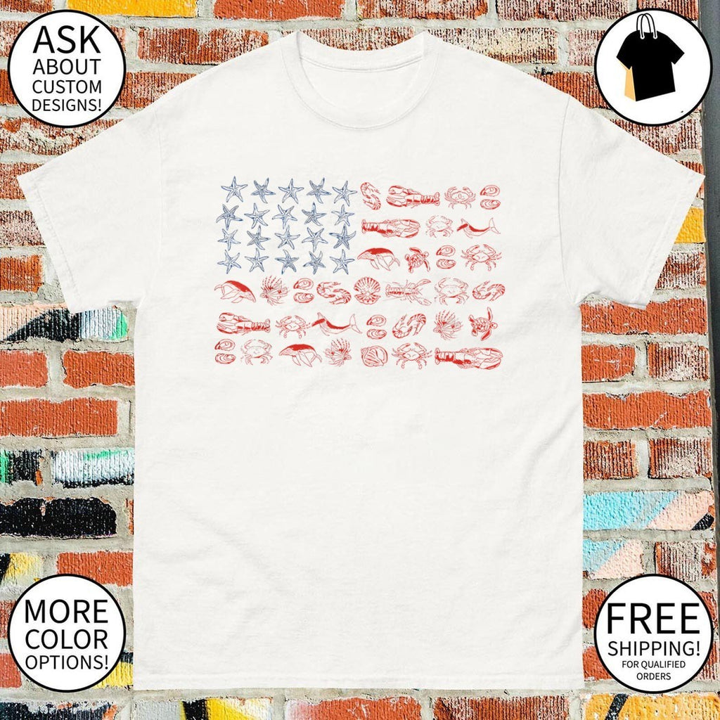 Marine life starfish lobster crab whale sea animals American flag 4th of July shirt