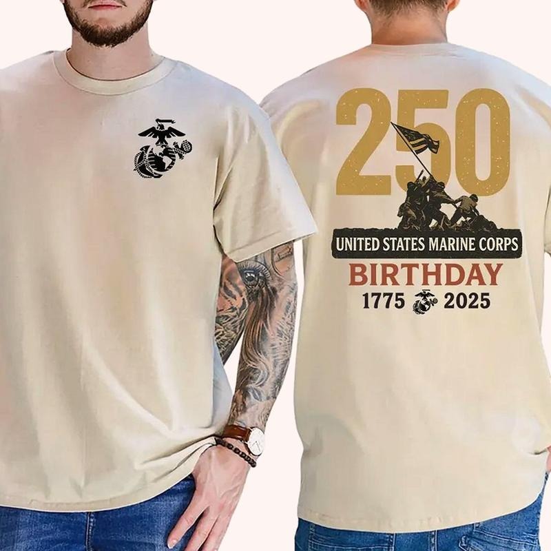 Marines 250th Birthday T-shirt - Usmc 250 Year Anniversary 2 Sided Tee Pure Cotton Casual Street Style Crew Neck Short...
