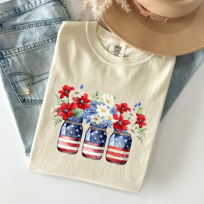 Mason Jars with Flowers, Patriotic, 4th of July Tshirt, Women's Crew Neck, Crewneck Hoodie Sweatshirt | PrintMintTees.com