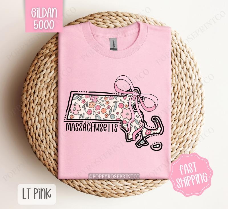 Massachusetts Gildan T-shirt, Cute Massachusetts State Shirt, Massachusetts Floral Bow Tee Hoodie Sweatshirt