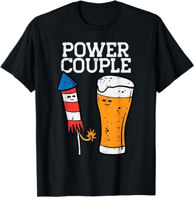 Matching Couple Shirts Power Couple Firework Funny 4th July Patriotic Menswear Top Casual Cotton Smooth T-Shirts, Hoodie, Sweatshirt