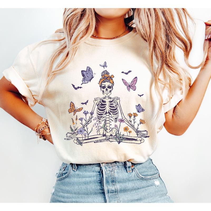 Meditating Skeleton, Mom, Retro, Aesthetic, Vintage, Comfort Colors Tshirt, Women's Crew Neck, Crewneck Hoodie, Sweatshirt