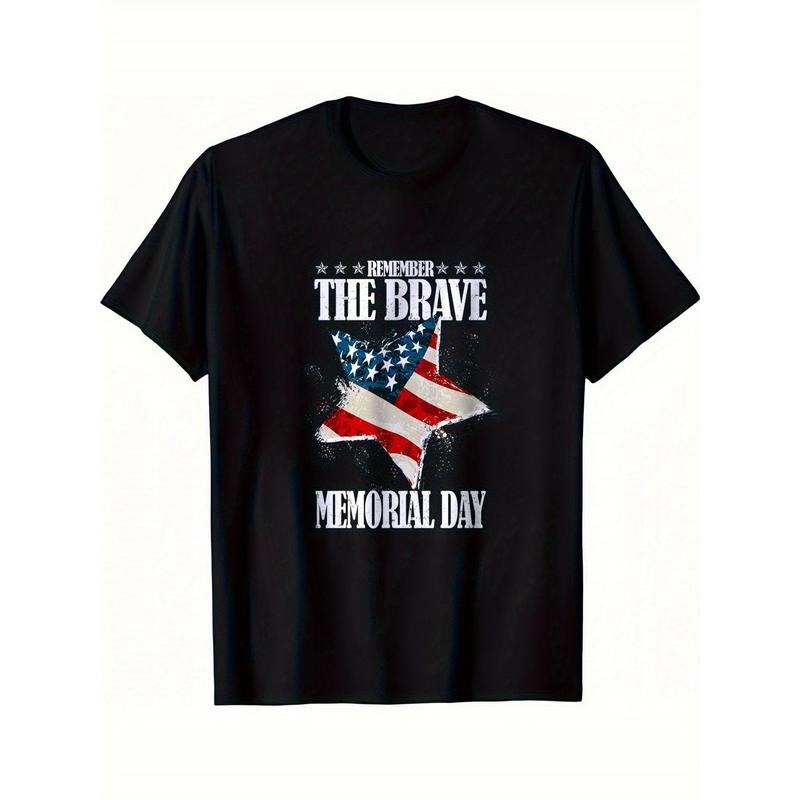Memorial Day "Remember The Brave" Graphic T-Shirt - Soft Cotton Short Sleeve Tee with American Flag Design, Casual V-Neck...