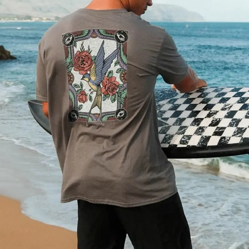 Men Flower-and-bird Printed Loose T-shirt Menswear Top Hoodie Sweatshirt | PrintMintTees.com