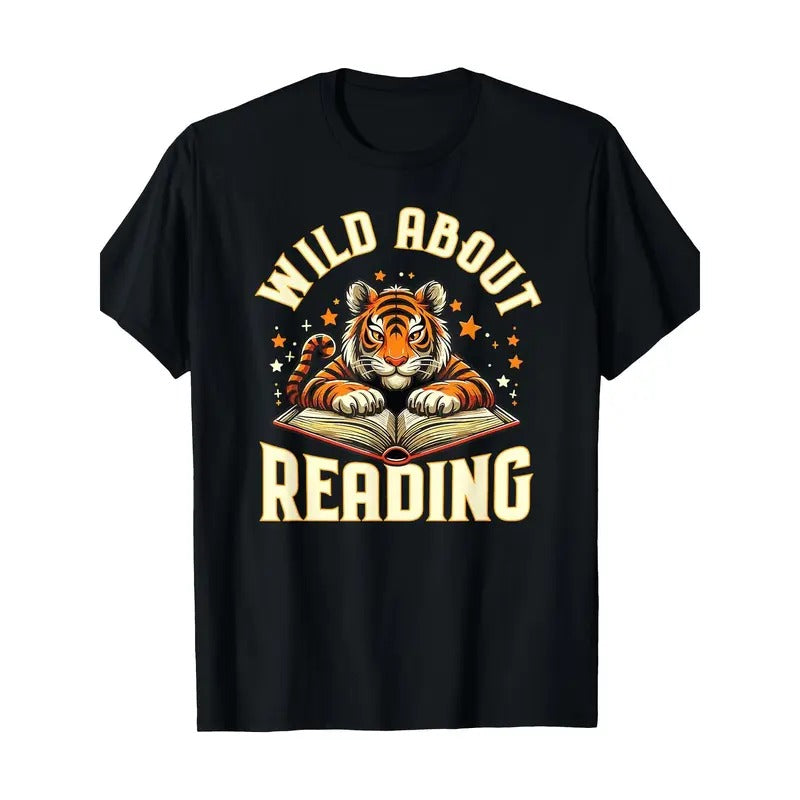 Men'S Casual Cotton T-Shirt with "Wild About Reading" Tiger Graphic