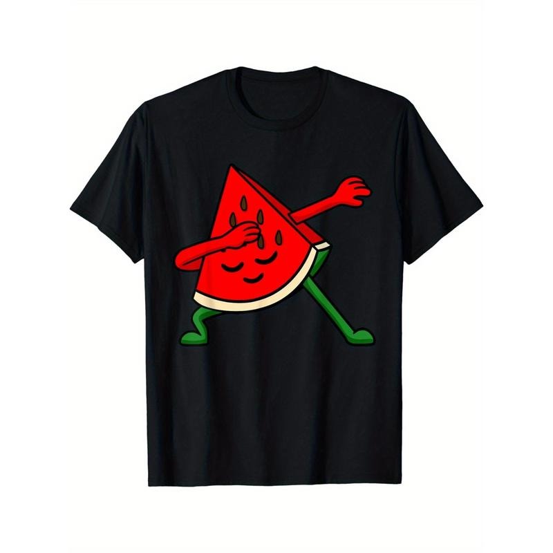 Men'S Casual Cotton T-Shirt with Watermelon Print, Round Neck, Stretch Fabric, All-Season Comfort, Fruit Slice Graphic...