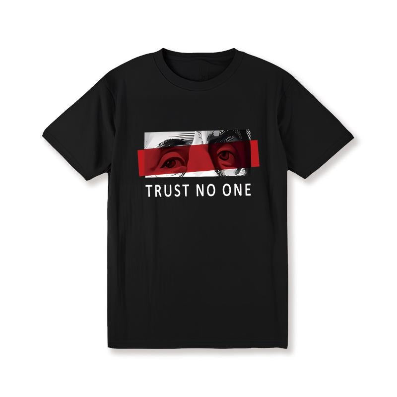 Men'S Extra Large "Trust No One" Graphic T-Shirt - Casual Cotton, Short Sleeve, Loose Version, Red And Black Stripe...