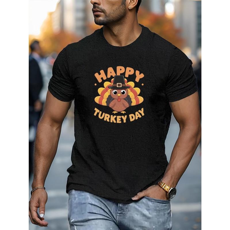Men'S Happy Turkey Day T-Shirt - Cotton Blend, Crew Neck, All-Season Casual Tee with Slight Stretch, Knit Fabric, Printed...