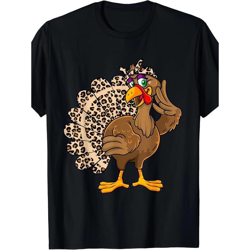 Men'S Thanksgiving Turkey T-Shirt, 100% Cotton Crew Neck Short Sleeve Casual Tee with Leopard Print, Digital Heat...