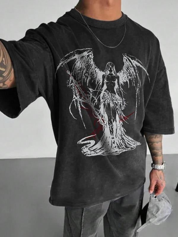 Men's Angel Print Tee, Regular Fit Casual Street Round Neck T-shirt for Summer, Men's Top for Daily Wear, Cotton Hoodie...