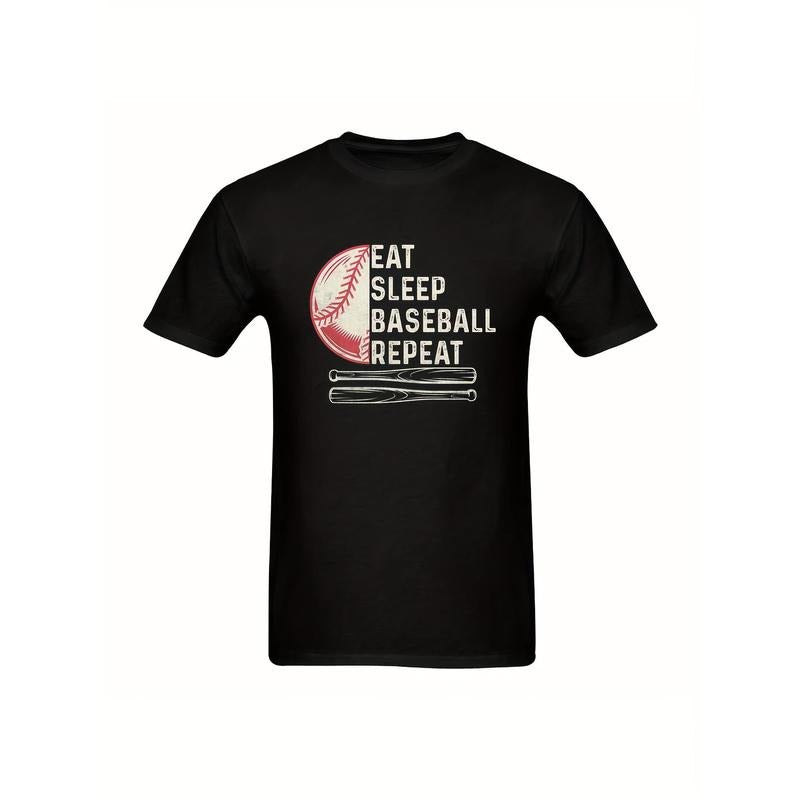 "Men's Baseball Fanatic T-Shirt - 'EAT SLEEP BASEBALL REPEAT' With Classic Tan Baseball & Dark Bat Design - Bold White...