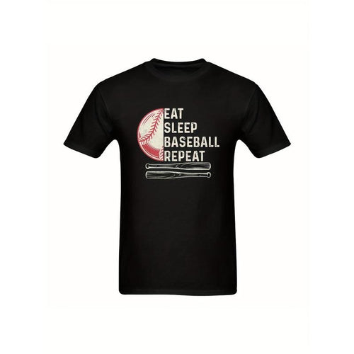 "Men's Baseball Fanatic T-Shirt - 'EAT SLEEP BASEBALL REPEAT' With Classic Tan Baseball & Dark Bat Design - Bold White...