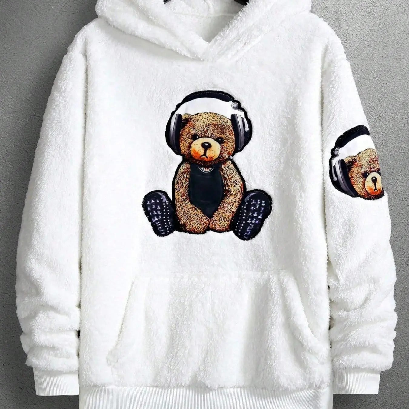 Men's Bear  Print Pocket Fuzzy Hoodie, Regular Fit Casual Long Sleeve Hooded Sweatshirt for Fall & Winter, Men's Clothes...