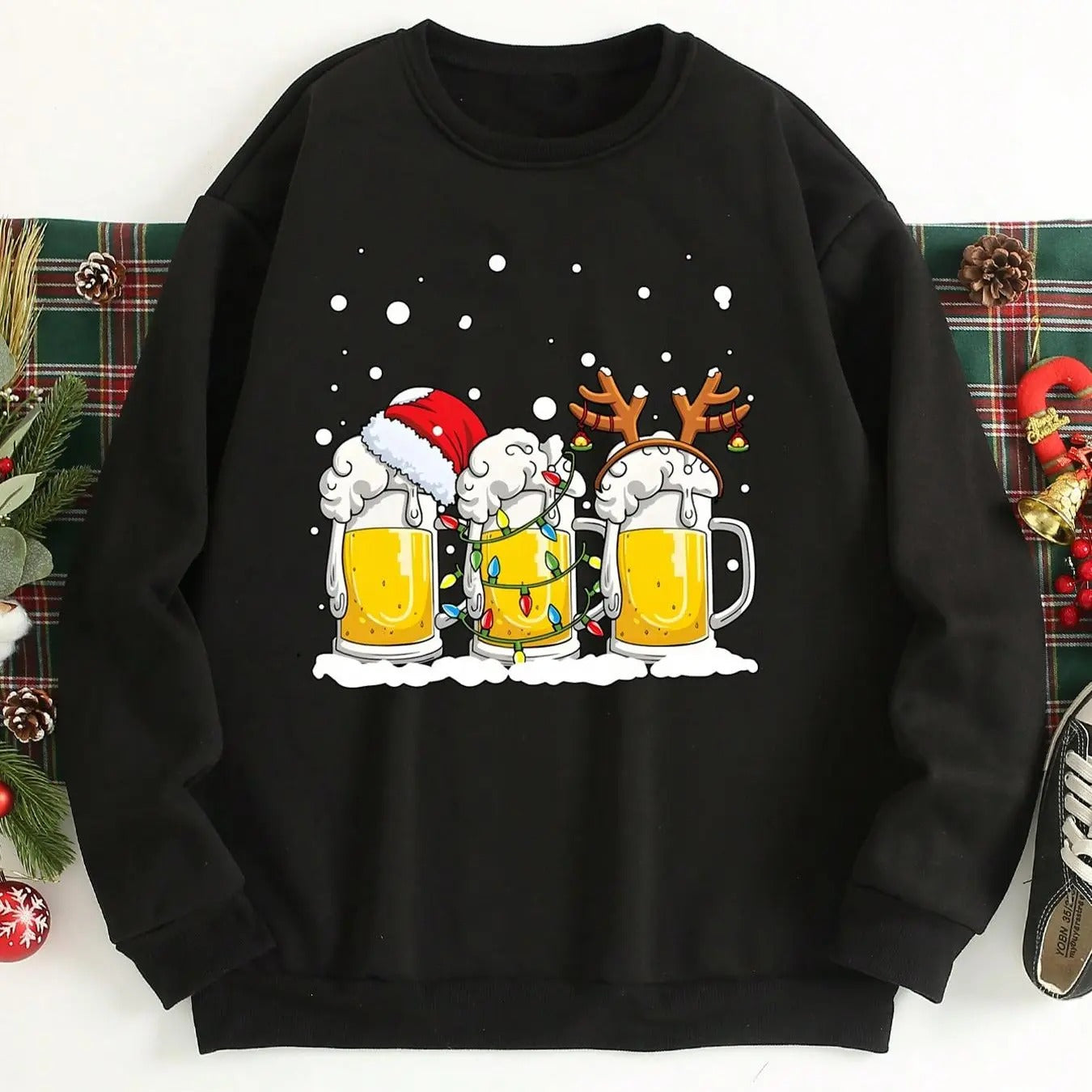 Men's Cartoon Christmas Beer Print Drop Shoulder Sweatshirt, Regular Fit Casual Soft Comfy Long Sleeve Round Neck...