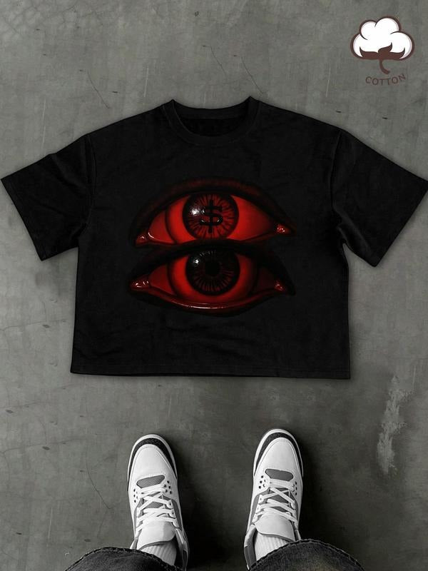 Cartoon Eye Print Round Neck Regular Fit Casual Short Sleeve Summer Top Daily Cotton T-Shirts, Hoodie, Sweatshirt