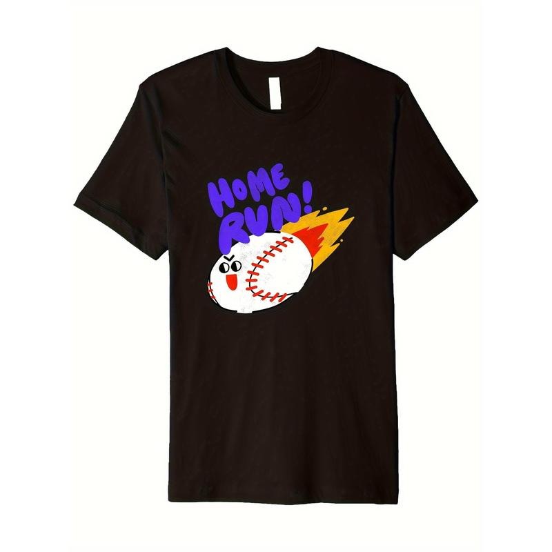 Men's Cartoon Flaming Baseball Pattern And HOME RUN Print Pure Cotton Short Sleeve And Crew Neck T-shirt, Summer Top For...
