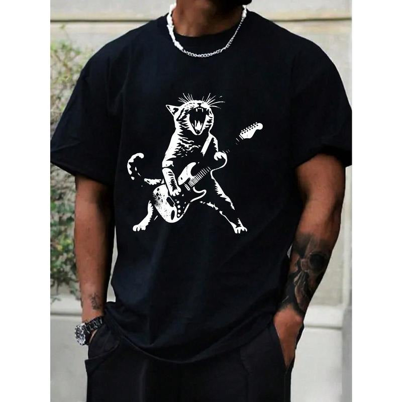 Men's Cat Playing Guitar Printed T-Shirt Made in USA Hoodie Sweatshirt | PrintMintTees.com