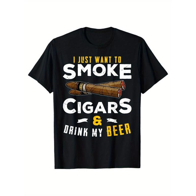 Men's Cotton T-Shirt With Cigar Print, Casual Short Sleeve Round Neck Tee, Soft Comfortable Top, Men's Clothing made in...