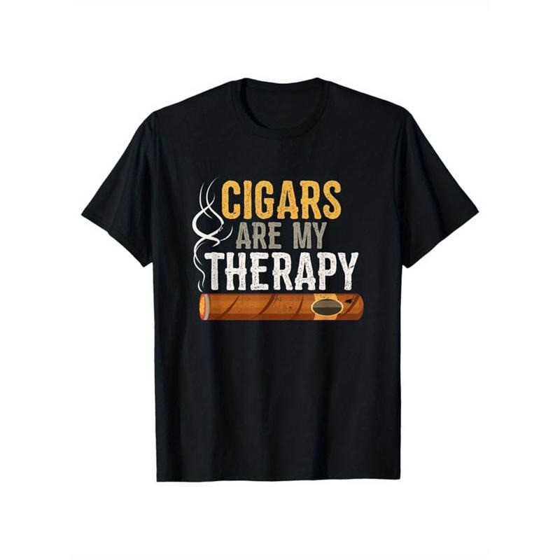Men's Cotton T-Shirt With Cigar Print, Casual Short Sleeve Round Neck Tee, Soft Comfortable Top, Men's Clothing made in...