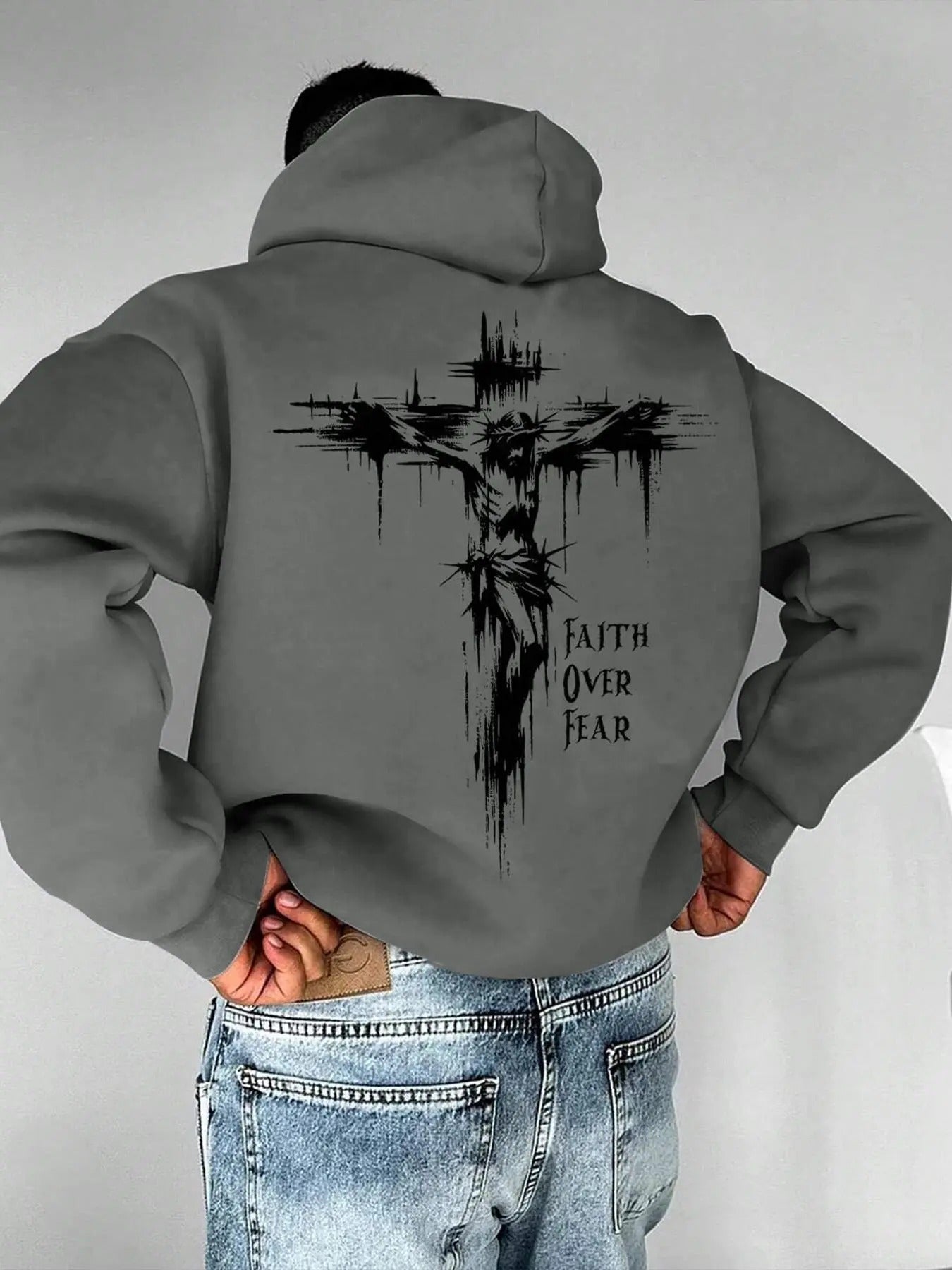 Men's Cross & Faith Over Fear Slogan Print Plush Lined Drawstring Hoodie, Regular Fit Casual  Comfy Thermal Warm Long...
