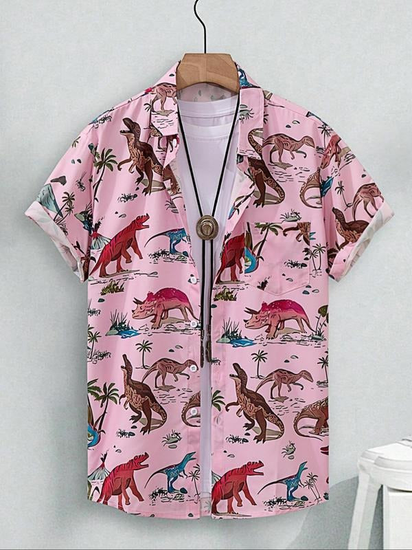 Dinosaur Print Short Sleeve Shirt Regular Fit Casual Cartoon Button Up Top Beach Vacation Clothes All Seasons Menswear T-Shirts, Hoodie, Sweatshirt