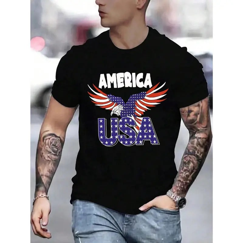 Men's Eagle And Letter Printed Short Sleeve T-Shirt made in usa Hoodie Sweatshirt | PrintMintTees.com