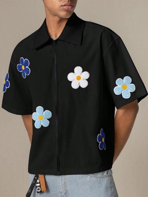 Men's Floral Embroidery Short Sleeve Shirt, Regular Fit Casual Fashion Comfy Top for Daily Outdoor Wear, Men Clothes for...