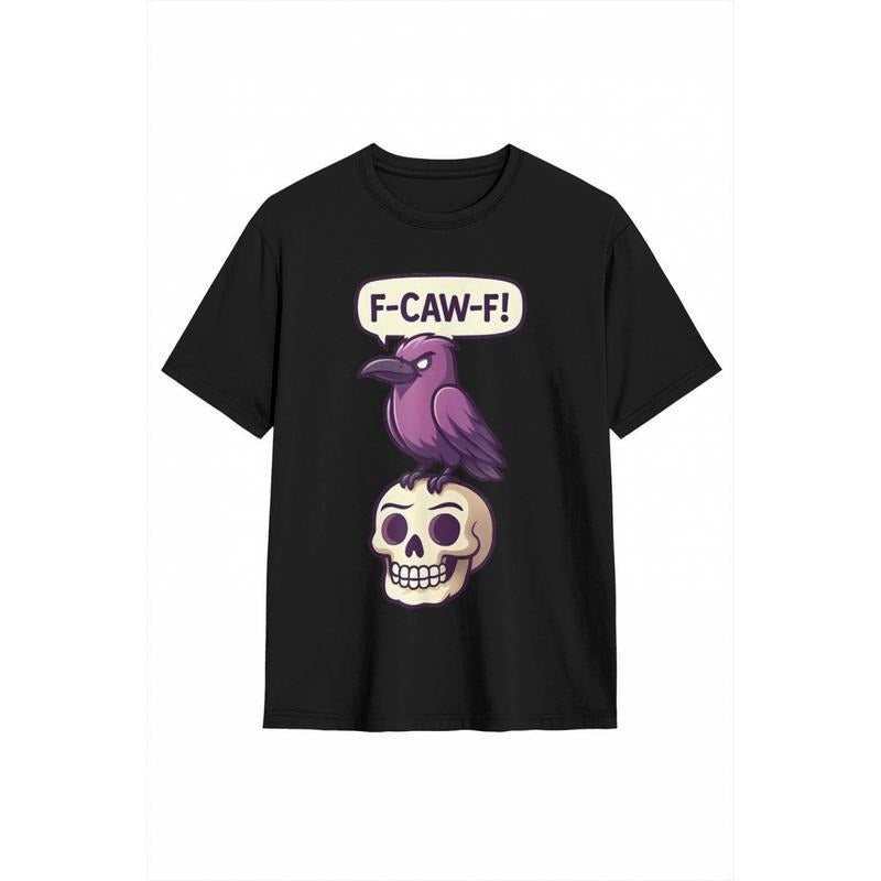 Men's Gothic Crow Skull & F-CAW-F Scream Graphic T-Shirt - Funny Halloween Humor Design, Casual Round Neck Short Sleeve...