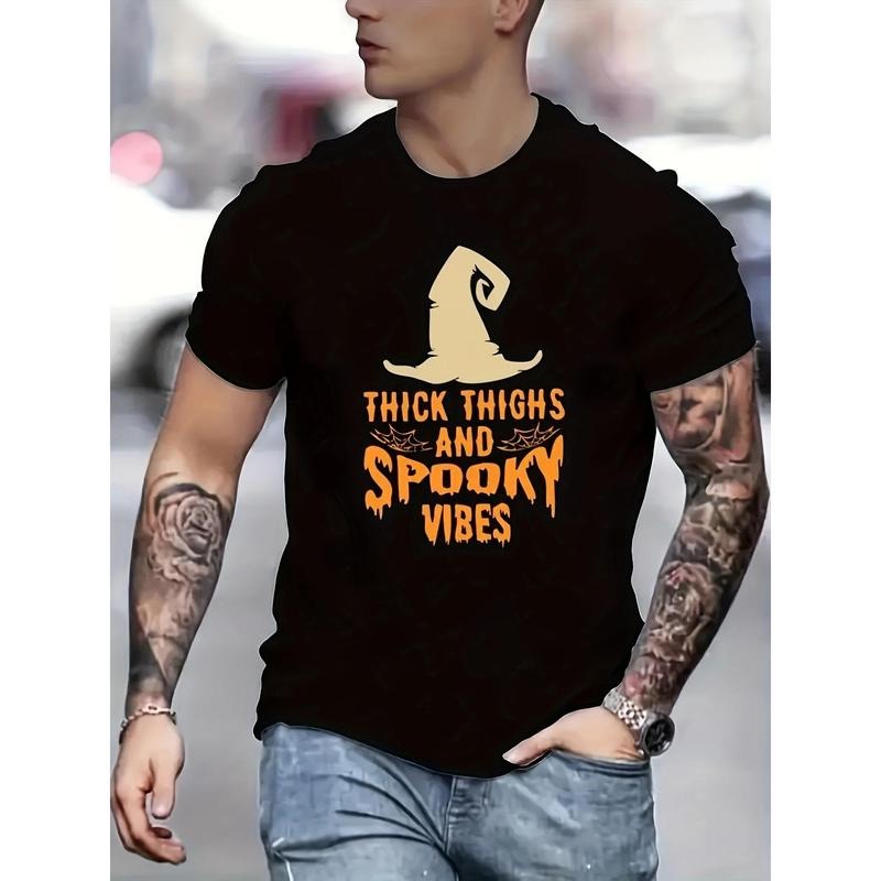 Men's Halloween Graphic T-shirt - Vivid Pumpkin Print, crew neck, slightly stretchy Polyester, casual short-sleeved...