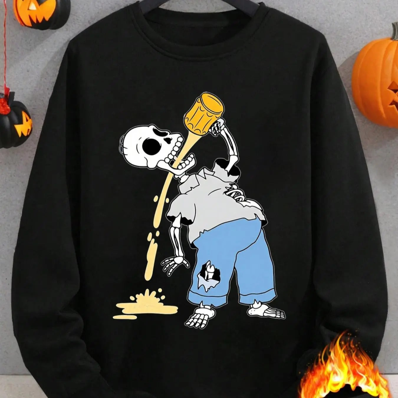 Men's Halloween Skeleton Print Thermal Lined  Sweatshirt, Regular Fit Casual Long Sleeve Round Neck Pullover for Daily...